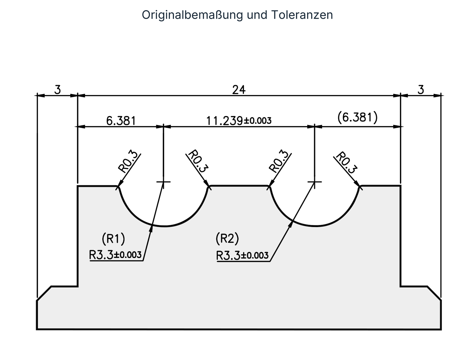 Bemaßtes Profil für den Führungswagen, einschließlich aller Originaltoleranzen.