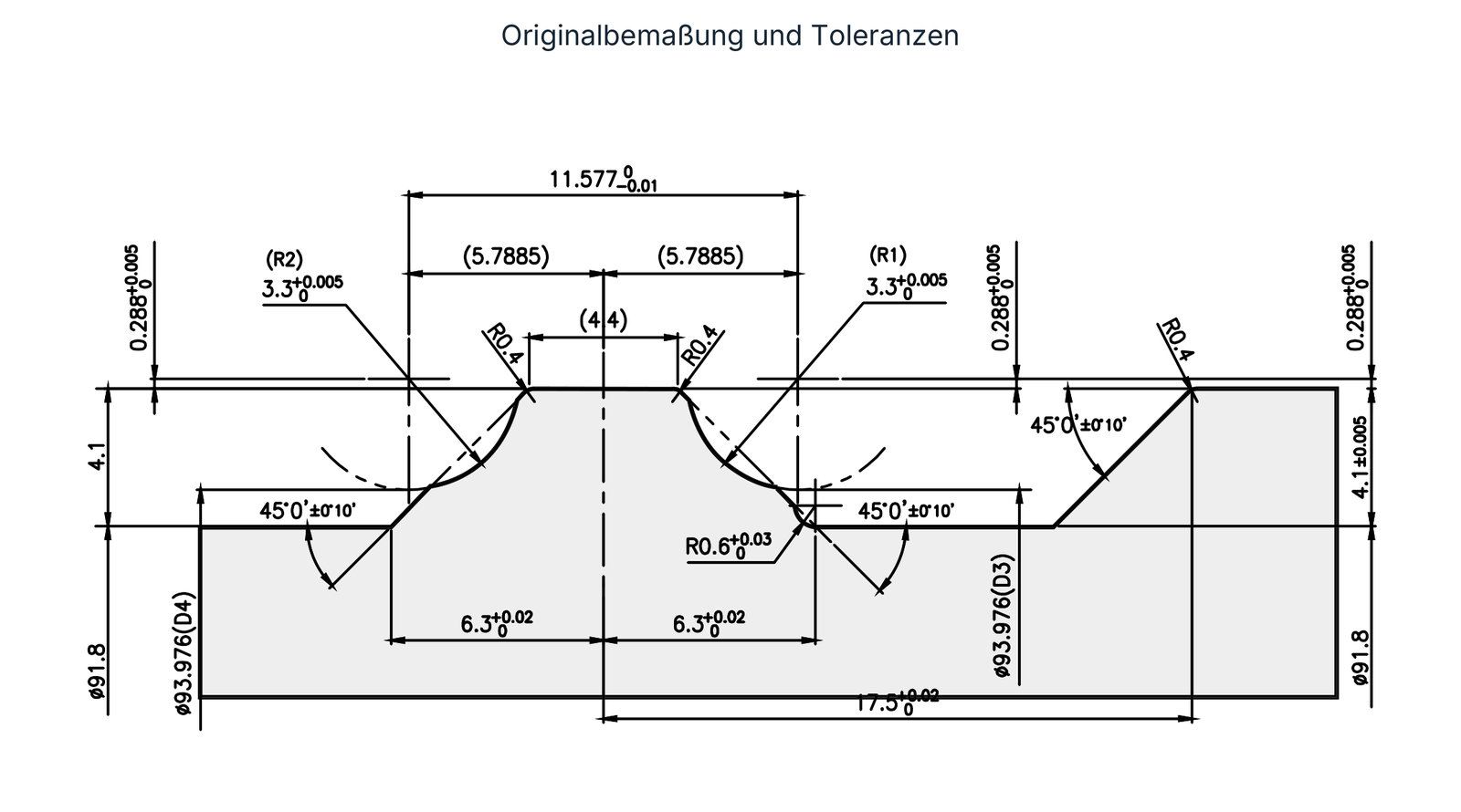 Bemaßtes Profil für die Führungsschiene, einschließlich aller Originaltoleranzen.