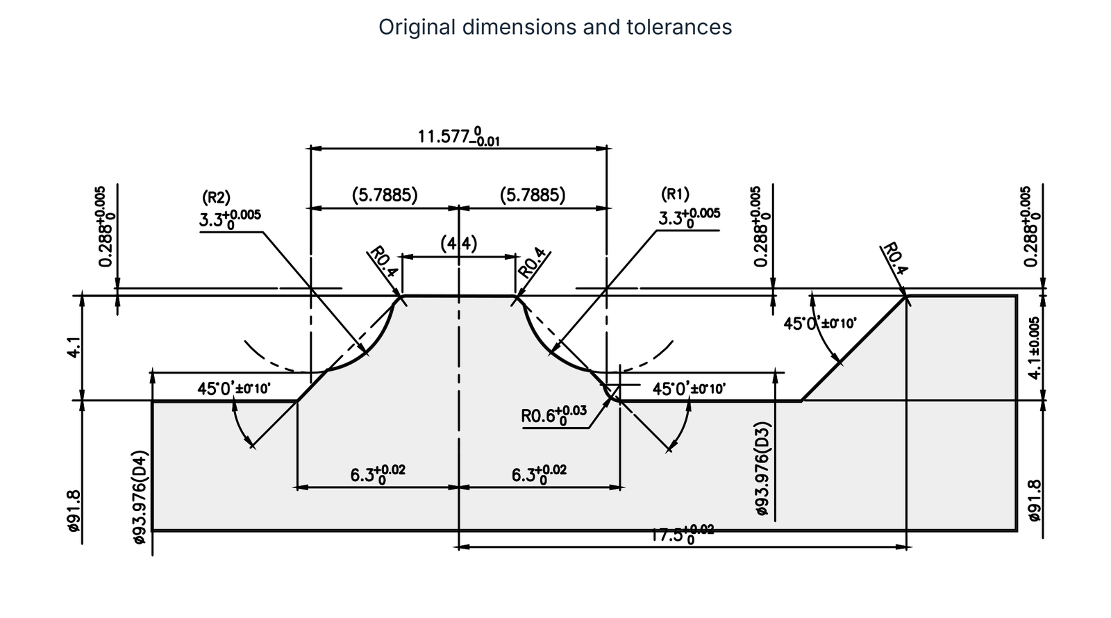 Dimensioned guide rail profile, including all original tolerances.