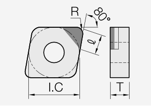 CNGA (PCD / CVD): Schneidplattenmaßzeichnung mit den zugehörigen Geometriezeichen.
