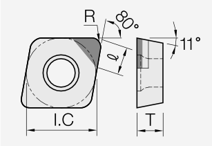 CPGW (PCD / CVD): Schneidplattenmaßzeichnung mit den zugehörigen Geometriezeichen.