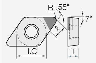 DCGW (PCD / CVD): Schneidplattenmaßzeichnung mit den zugehörigen Geometriezeichen.