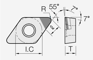 DCGT (PCD / CVD): Schneidplattenmaßzeichnung mit den zugehörigen Geometriezeichen.