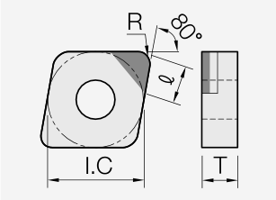 CNGA (PCBN): Schneidplattenmaßzeichnung mit den zugehörigen Geometriezeichen.
