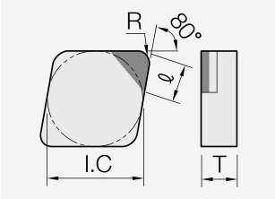 CNGN (PCBN): Schneidplattenmaßzeichnung mit den zugehörigen Geometriezeichen.