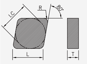 CNGN (solid) (PCBN): Schneidplattenmaßzeichnung mit den zugehörigen Geometriezeichen.