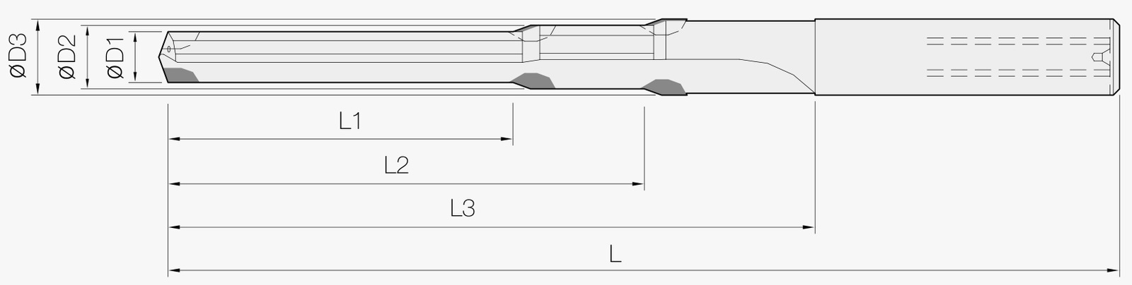 Bohrer: L1, L2 und L3 vom gemeinsamen vorderen Bezug; getrennte Stufendurchmesser.