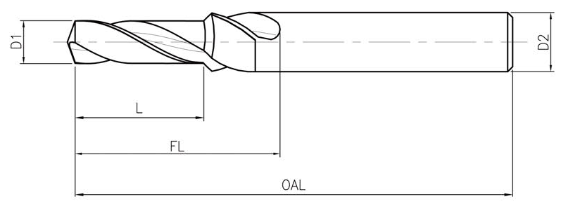 Spiralbohrer: Maßschema D1, D2, L, FL und OAL.