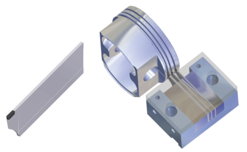 Nut- und Abstechwerkzeuge, Gewindewirbeln und Kolben: Bauteil- und Bearbeitungsansicht.