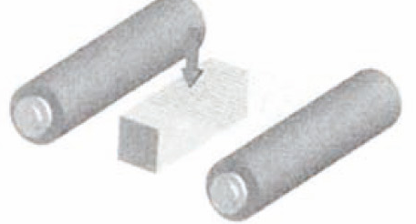 Slicing: Drahtführung am Ingot zwischen zwei Rollen.