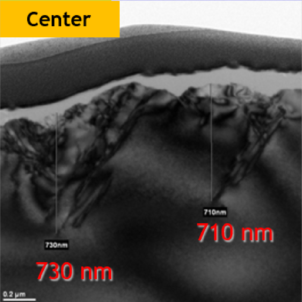Resin #325, Zentrum: eingezeichnete Schädigungstiefen 730 nm und 710 nm; Originalmesslinien und Maßstab erhalten.