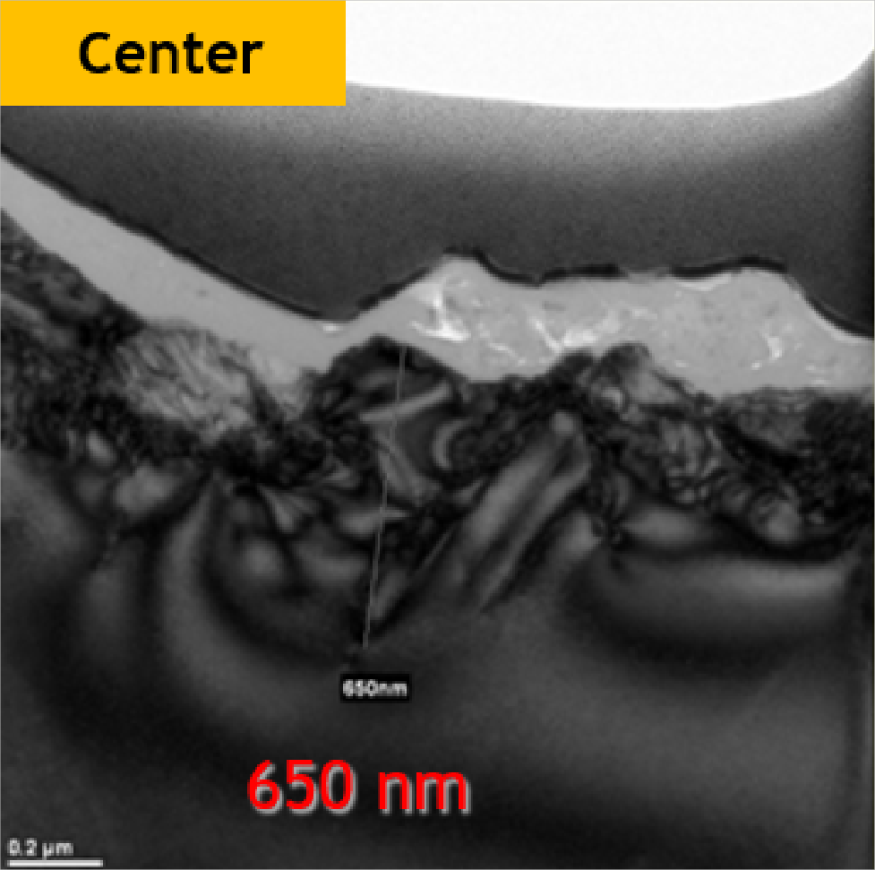 Vitrified #600, Zentrum: eingezeichnete Schädigungstiefe 650 nm; Originalmesslinie und Maßstab erhalten.