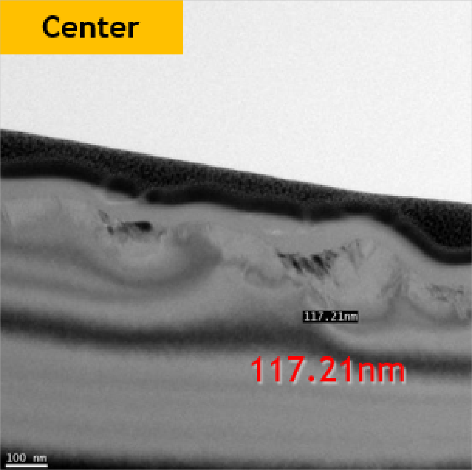 Vitrified #5000, Zentrum: eingezeichnete Schädigungstiefe 117,21 nm; Originalmesslinie und Maßstab erhalten.