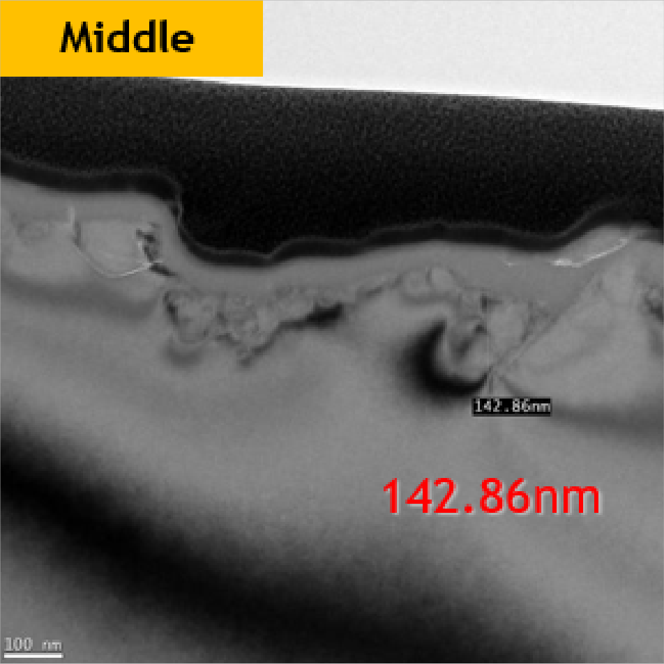 Vitrified #5000, mittlerer Bereich: eingezeichnete Schädigungstiefe 142,86 nm; Originalmesslinie und Maßstab erhalten.