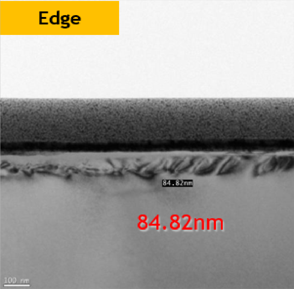 Vitrified #8000, Rand: eingezeichnete Schädigungstiefe 84,82 nm; Originalmesslinie und Maßstab erhalten.