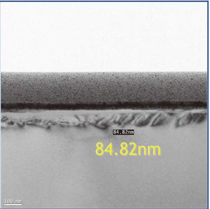TEM-Messbild der Schädigungstiefe mit Originalwert 84,82 nm und Originalmaßstab 100 nm.