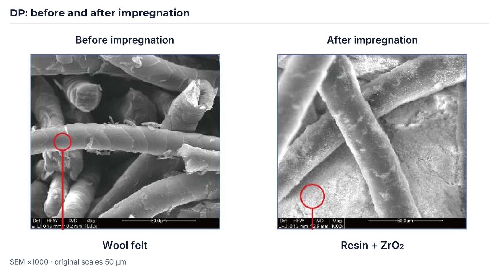 SEM comparison before and after impregnation from Q232, with original markings and scales retained.