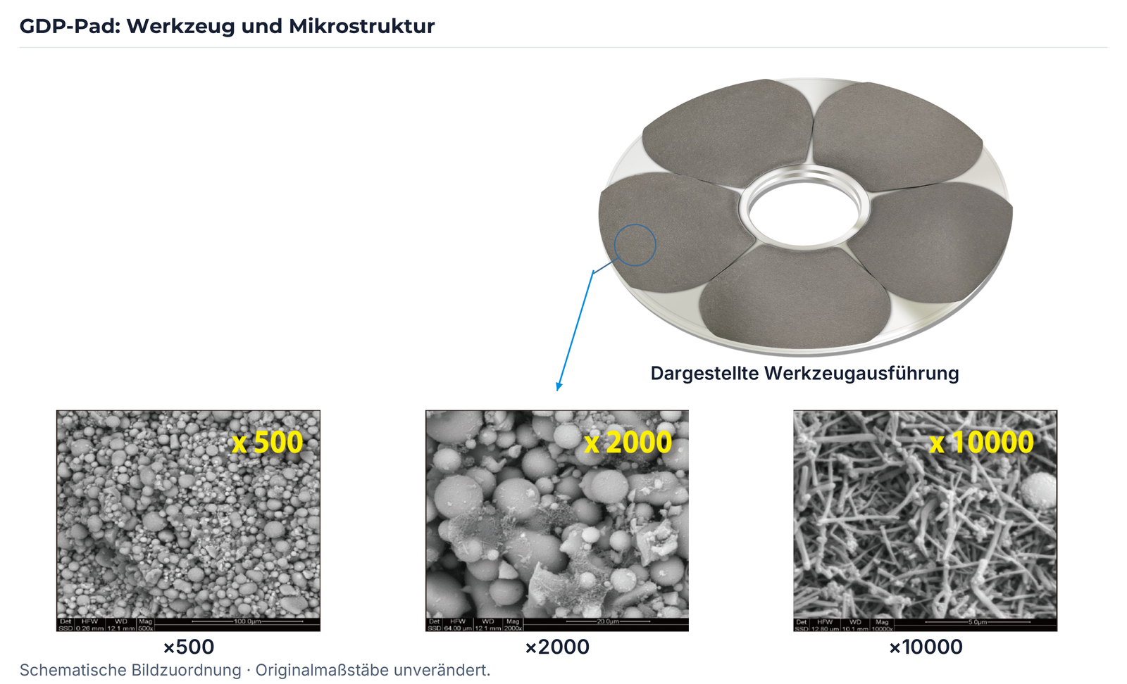 GDP-Pad und REM-Strukturen nach Q273 mit Originalmarkierung und den Maßstäben 100, 20 und 5 µm.